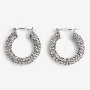 Express Silver Tone Rhinestone Tube Hoop Earrings Hypoallergenic & Nickel Free